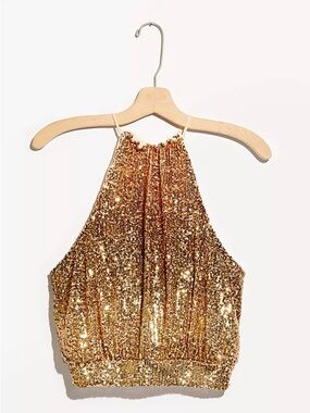 Free People Gold Sequin Halter Crop Top